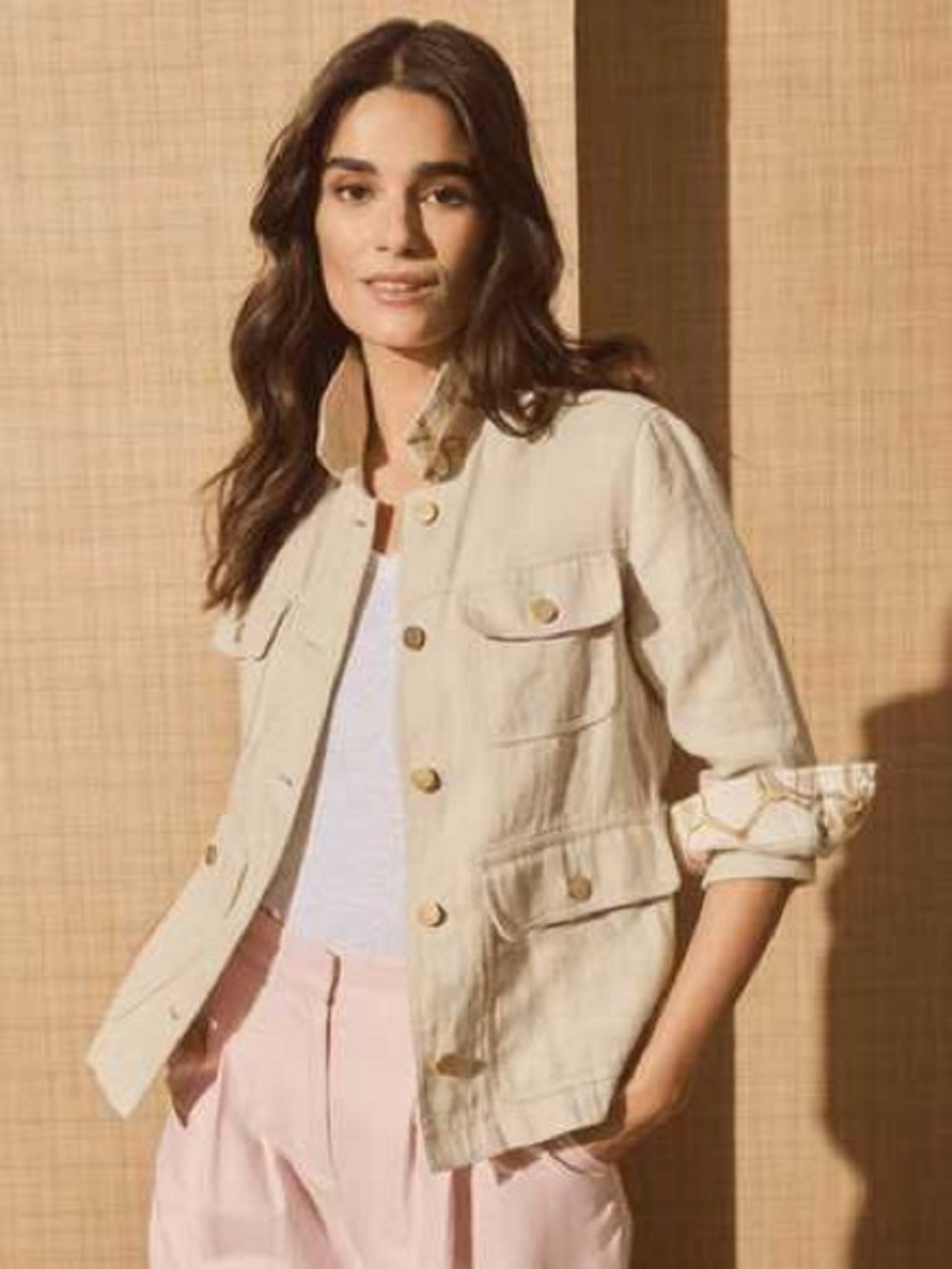 J. McLaughlin Linen Light Beige Utility Jacket with Gold Buttons